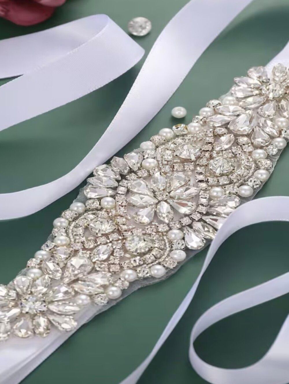 ♡♡♡ Handmade Elegant Pearl Crystal Rhinestone Bridal Sash White 1"  Tie Ribbon
